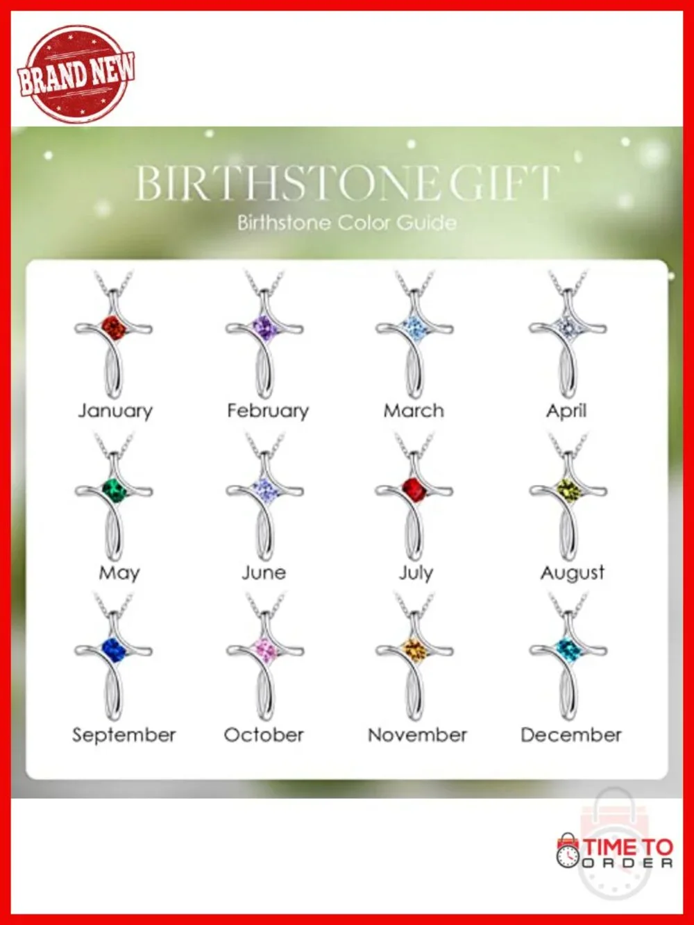 925 Sterling Silver Cross Birthstone Necklace with Diamond CZ Pendant